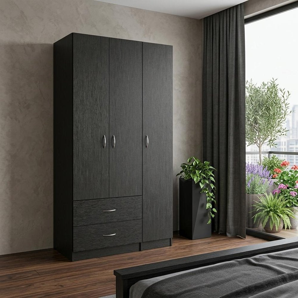 71" Black Wood Three Door Two Drawer Combo Dresser