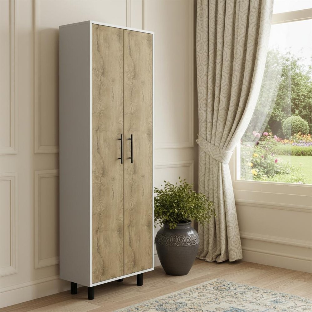 71" White and Light Brown Wood Accent Cabinet With Two Doors