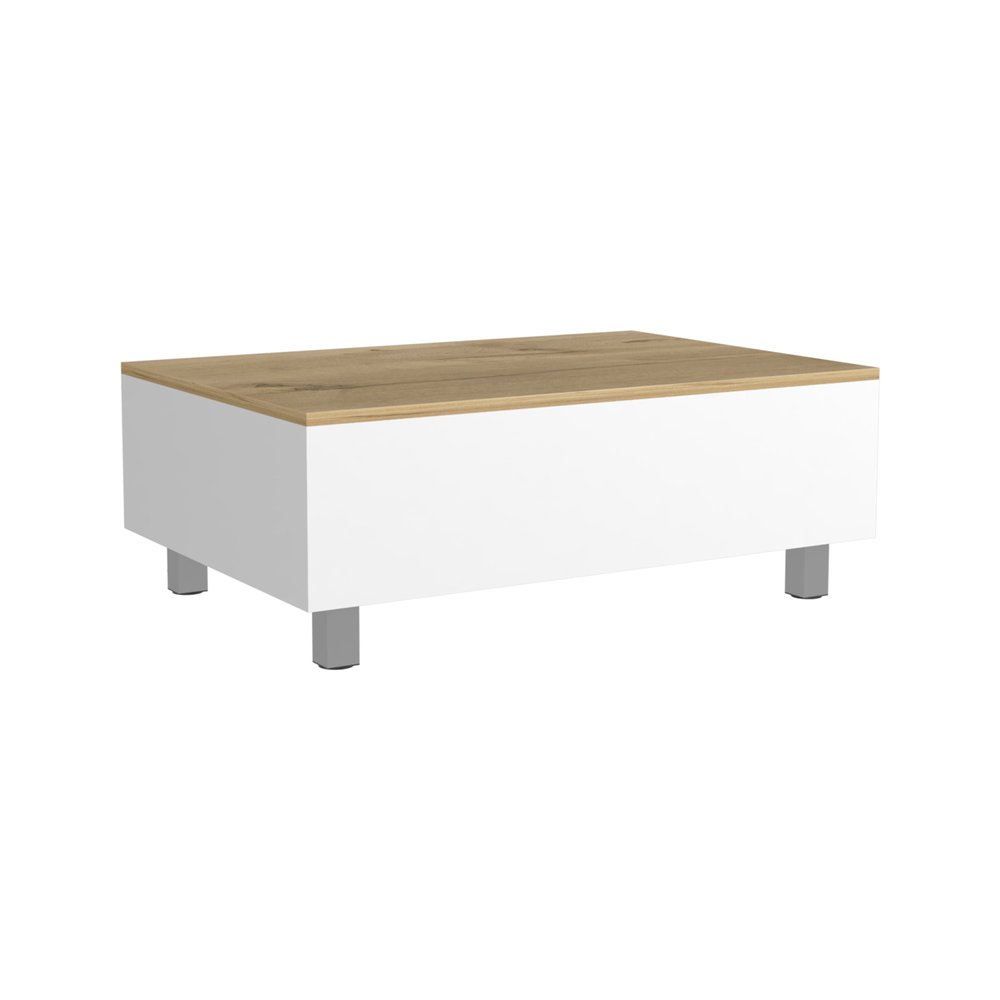 32" White And Oak Brown Wood and Metal Lift Top Coffee Table