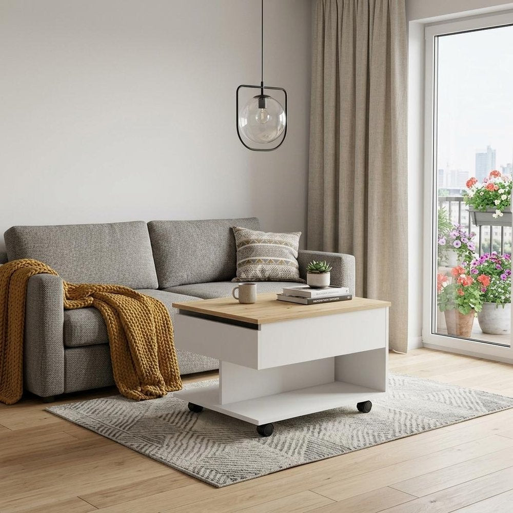 22" Natural And White Wood Lift Top Coffee Table With Two Shelves