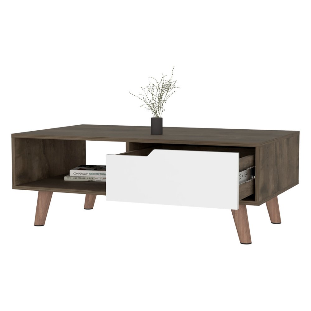 40" Brown And Brown and White Wood Coffee Table With Drawer And Shelf