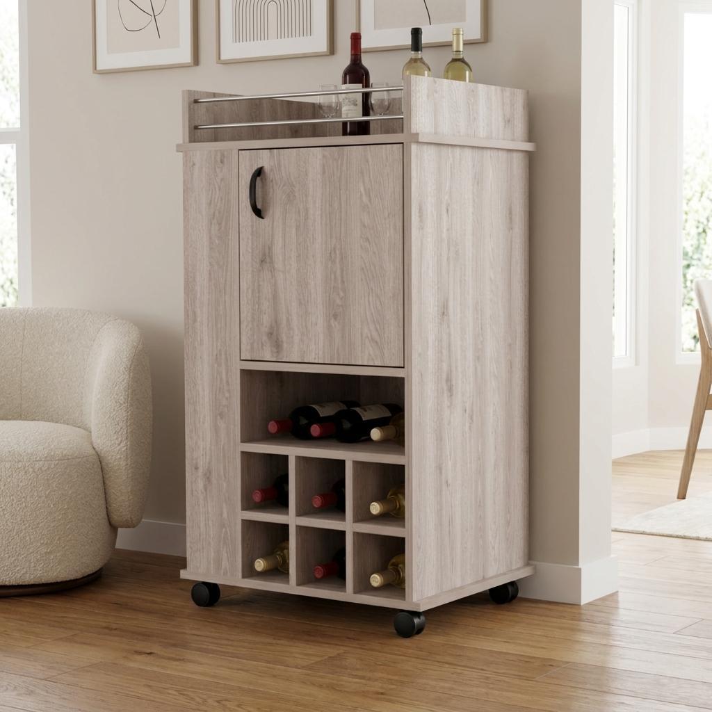 Light Gray Rolling Bar Cart With Wine Storage