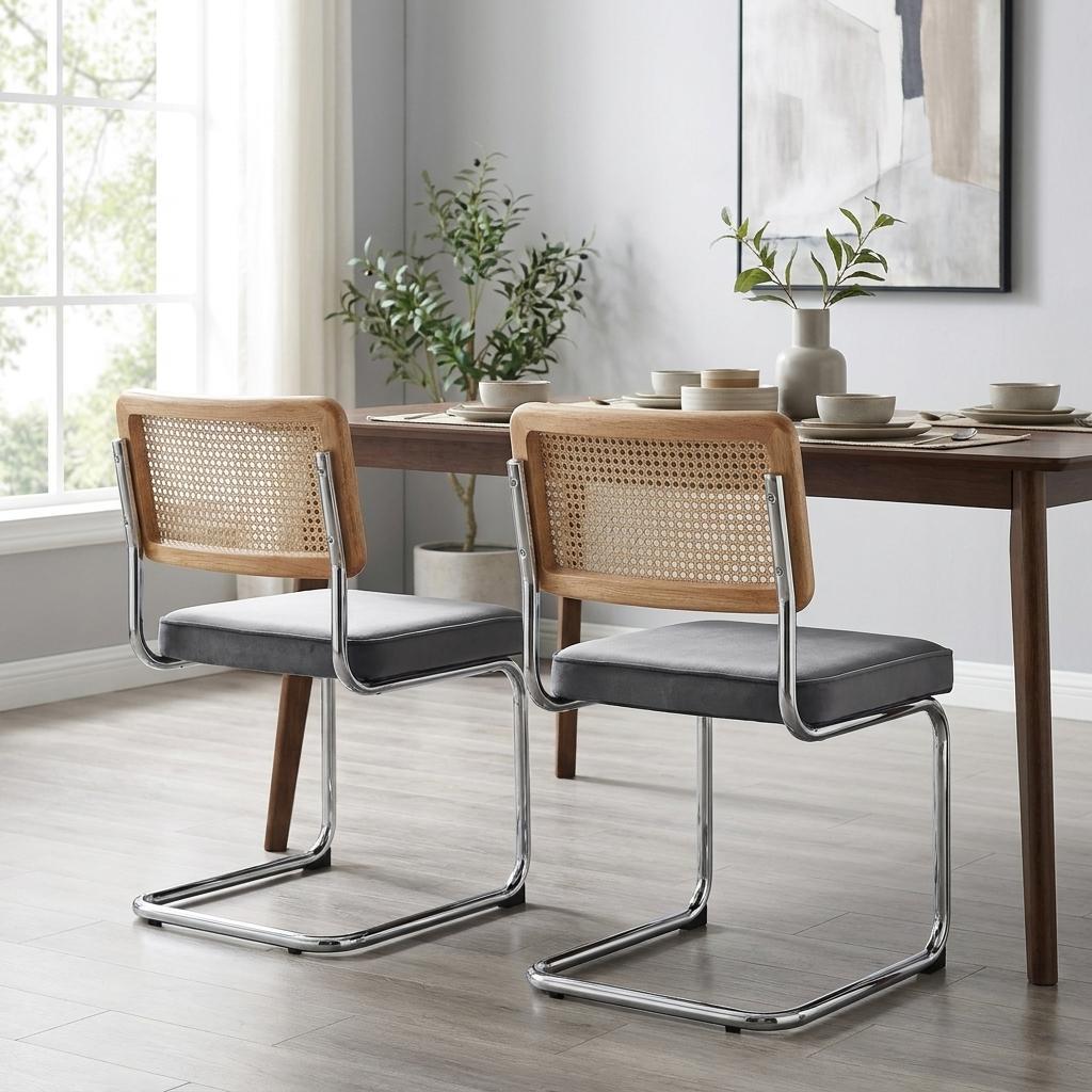 Set of Two Gray and Silver Upholstered Velvet Dining Side Chairs