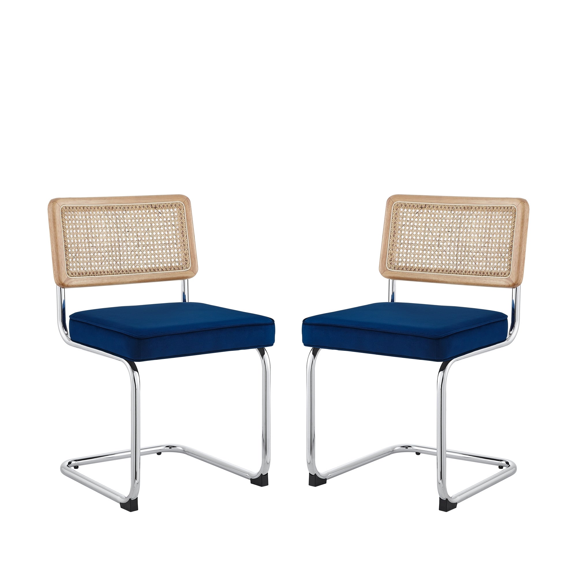 Set of Two Navy Blue and Silver Upholstered Velvet Dining Side Chairs