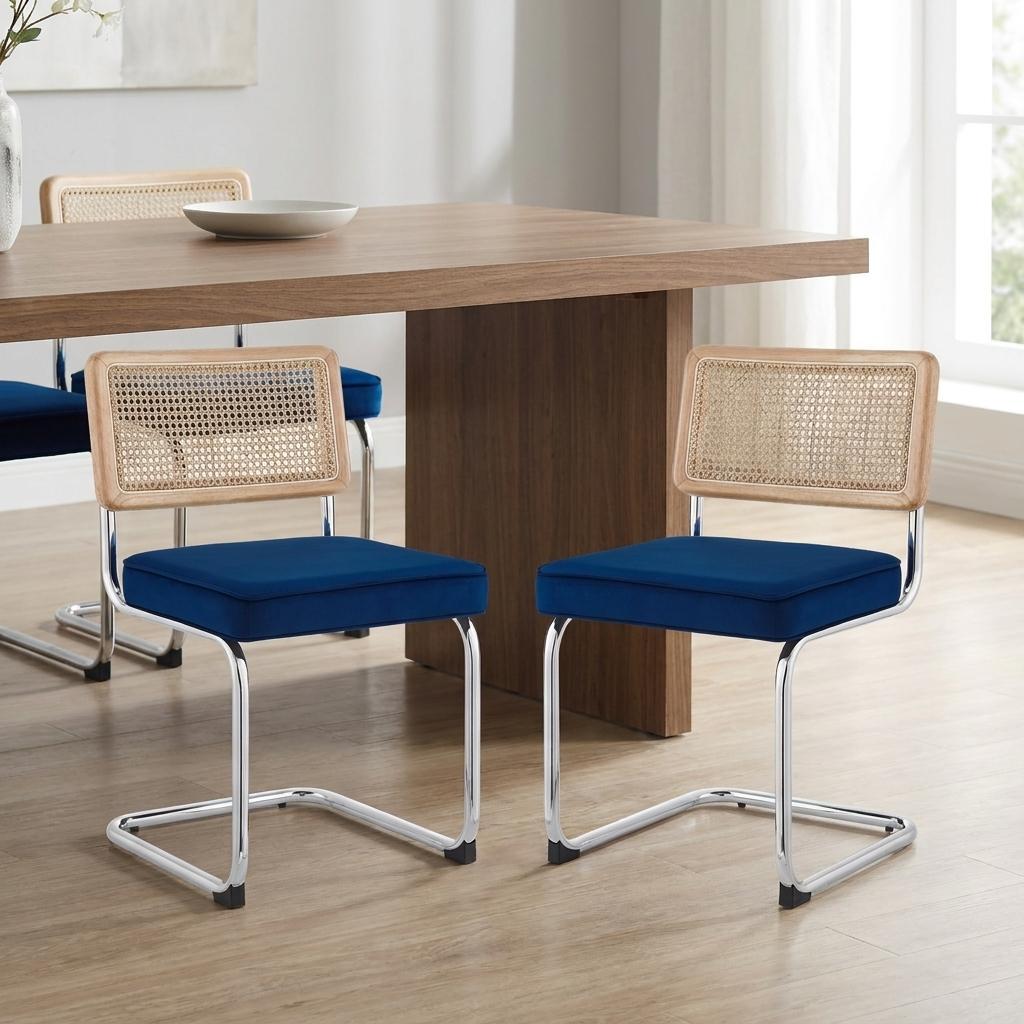 Set of Two Navy Blue and Silver Upholstered Velvet Dining Side Chairs