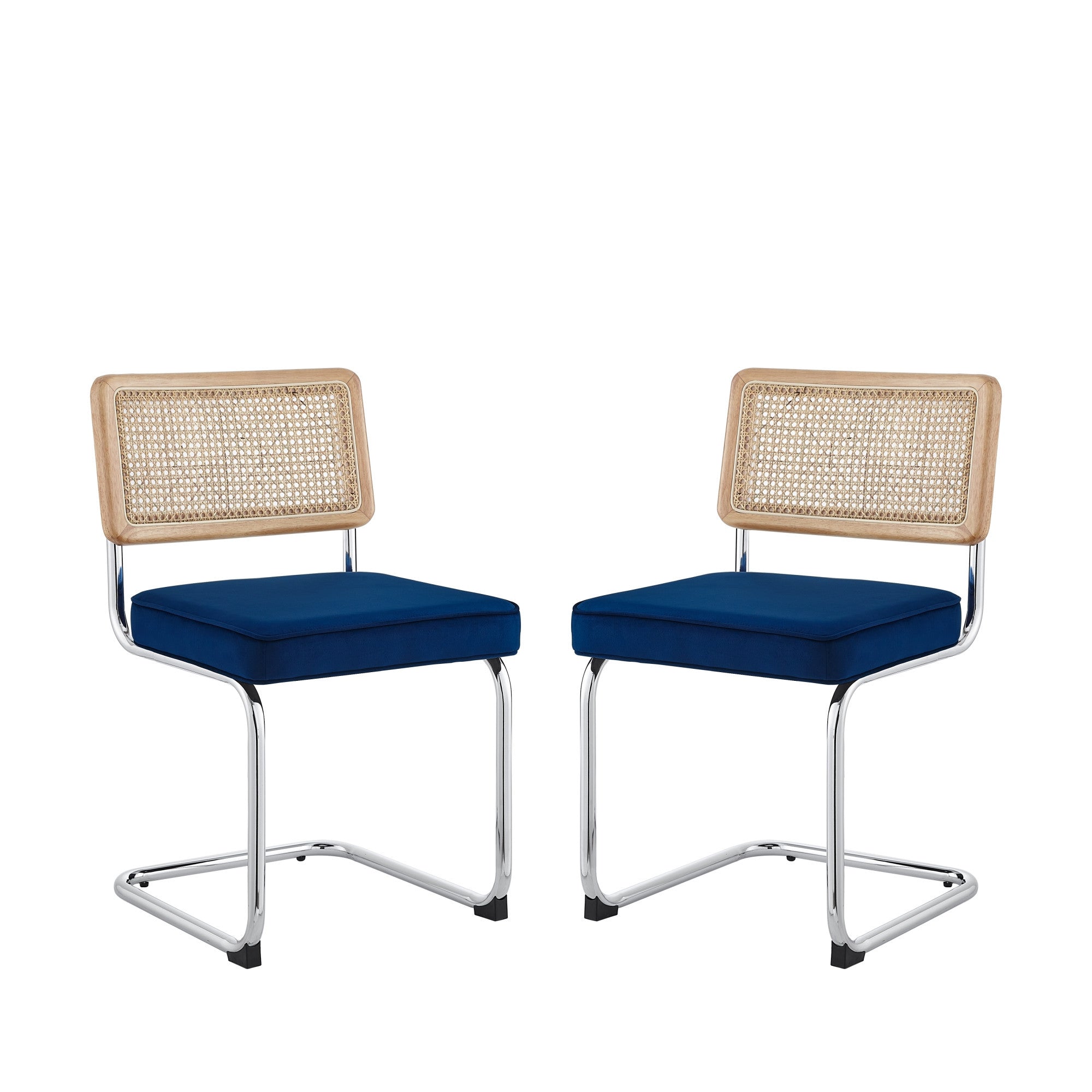 Set of Two Navy Blue and Silver Upholstered Velvet Dining Side Chairs