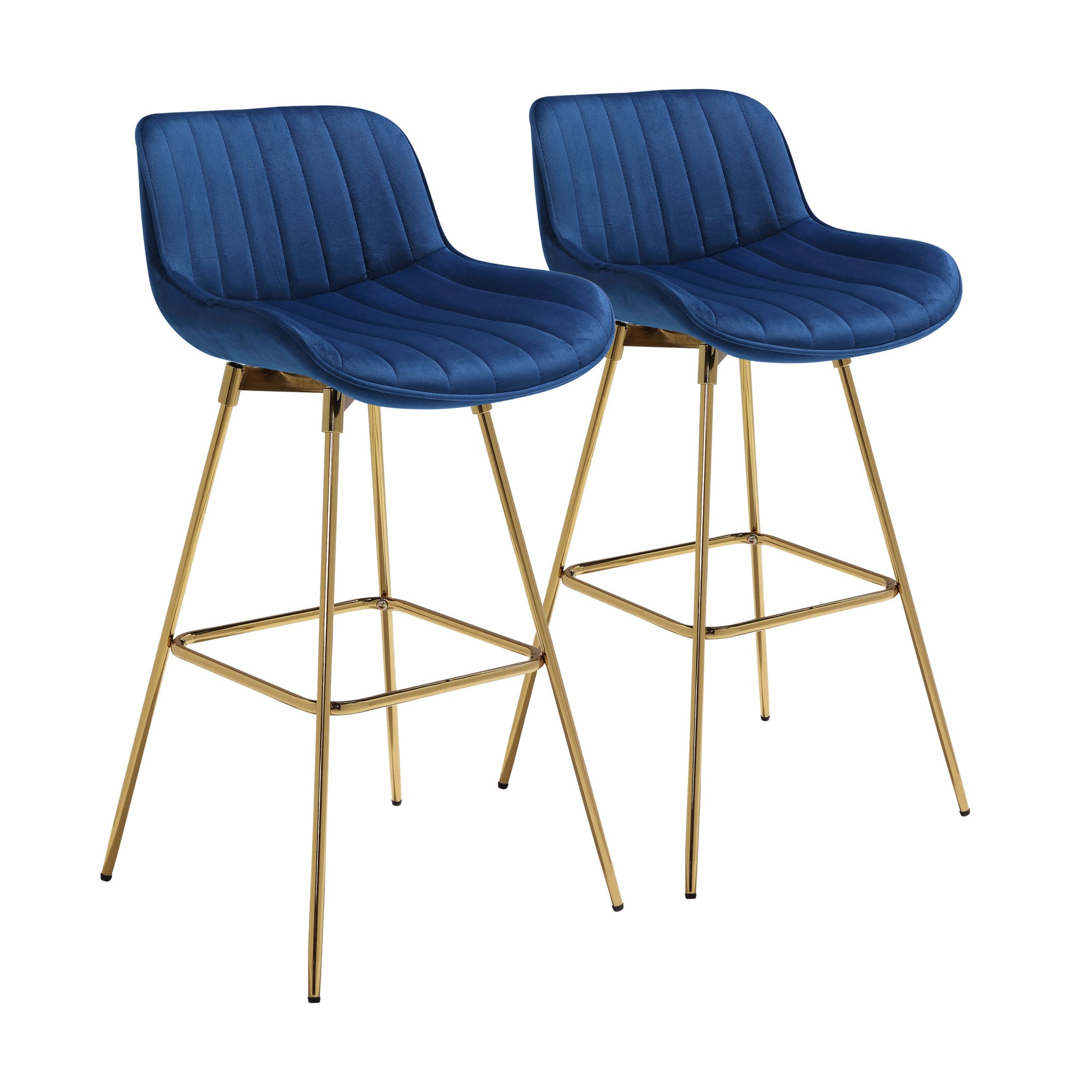 Set of Two 29" Blue And Gold Velvet And Metal Low Back Bar Height Swivel Bar Chairs