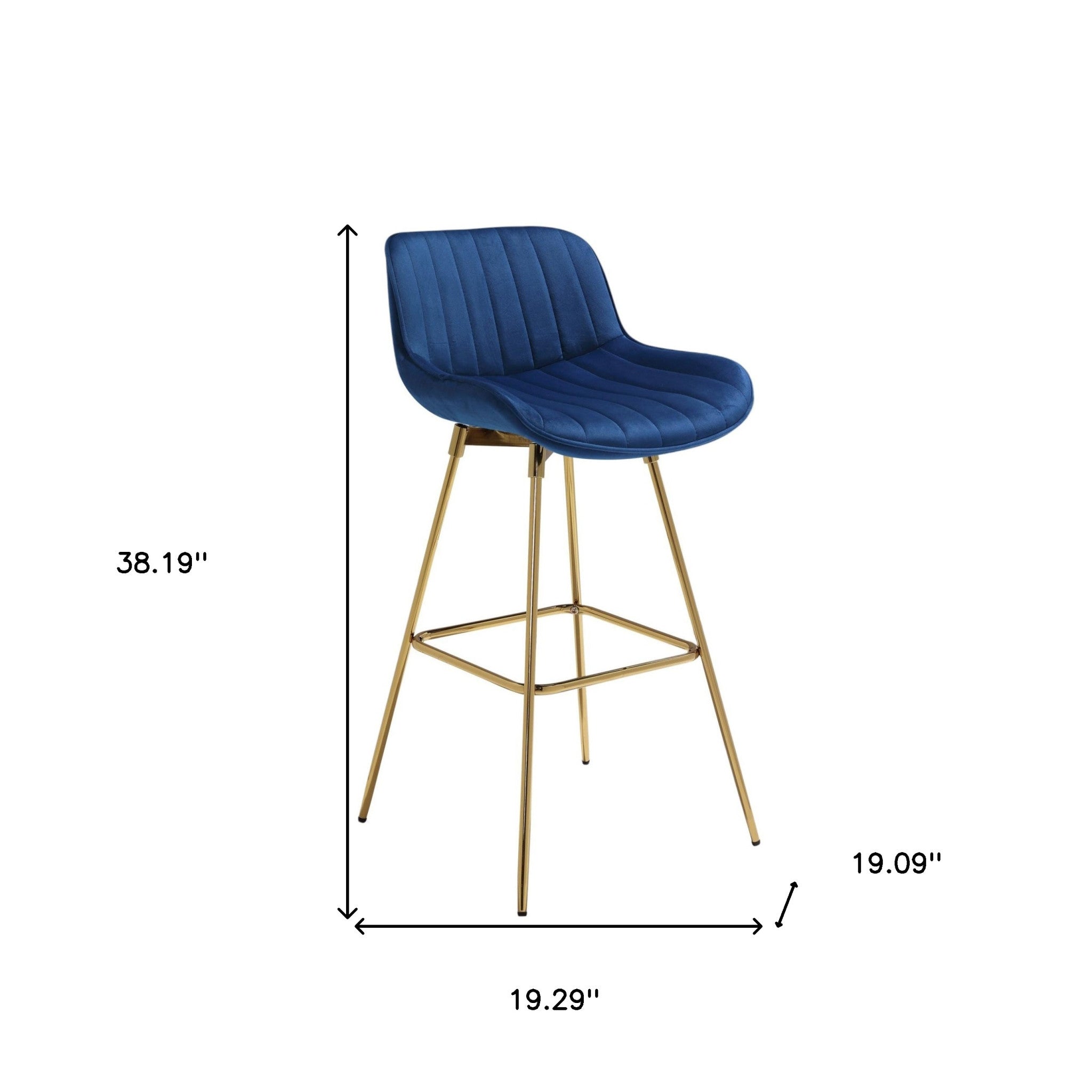 Set of Two 29" Blue And Gold Velvet And Metal Low Back Bar Height Swivel Bar Chairs