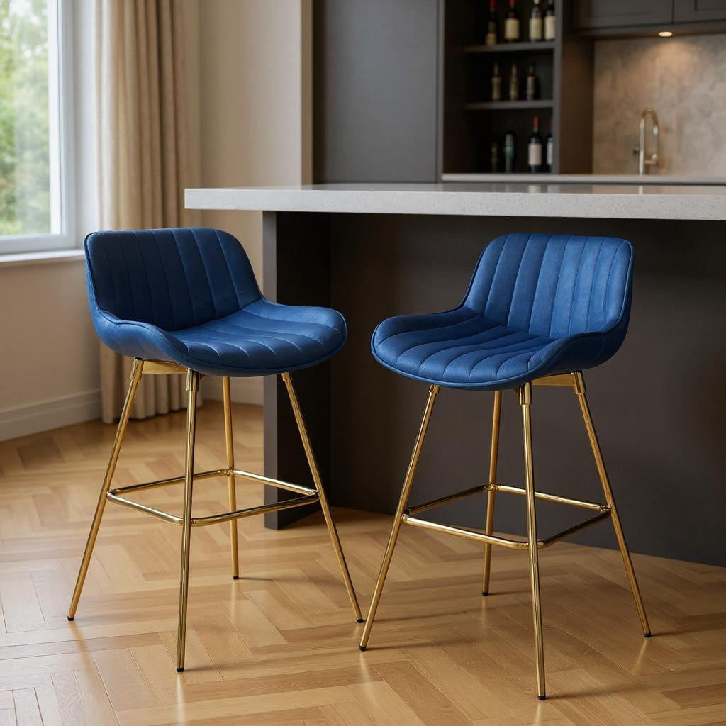 Set of Two 29" Blue And Gold Velvet And Metal Low Back Bar Height Swivel Bar Chairs