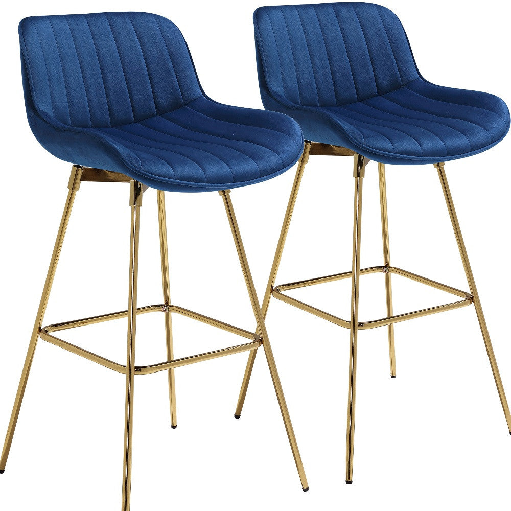 Set of Two 29" Blue And Gold Velvet And Metal Low Back Bar Height Swivel Bar Chairs