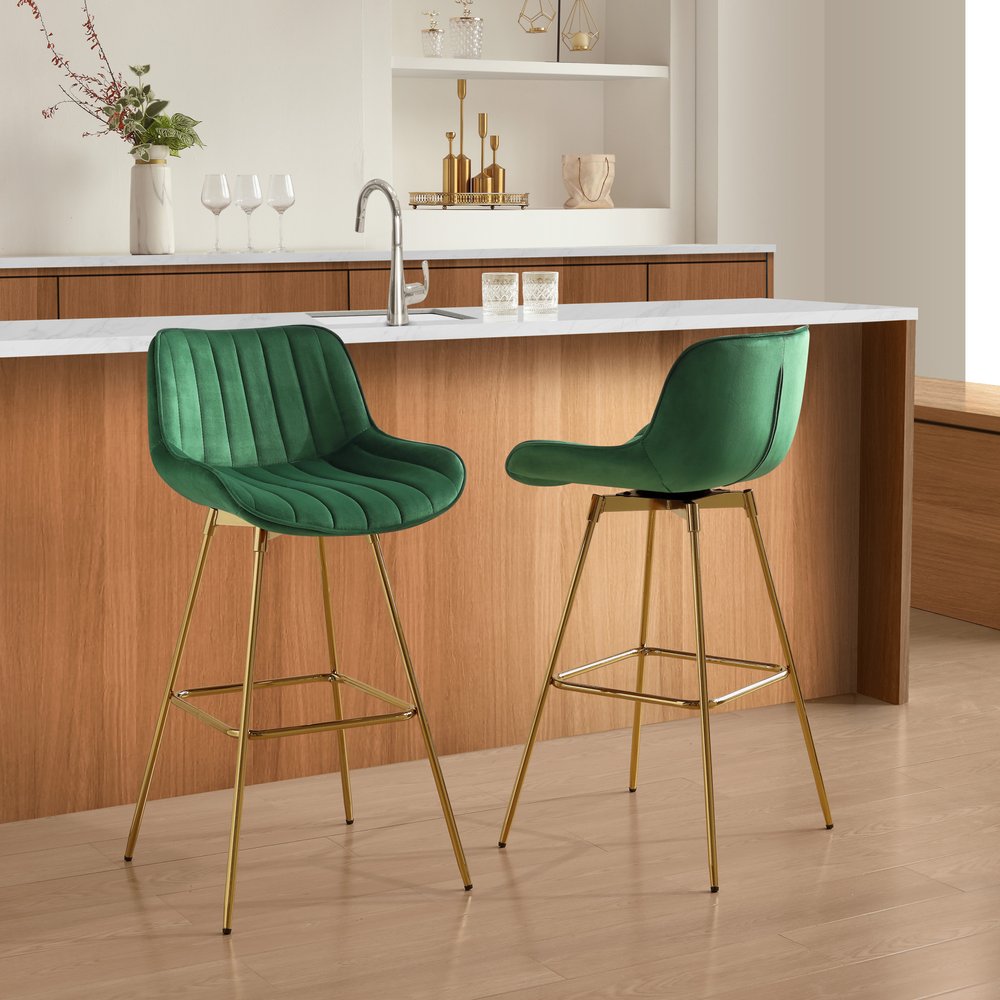 Set of Two 29" Green and Gold Velvet and Metal Low Back Bar Height Swivel Bar Chairs