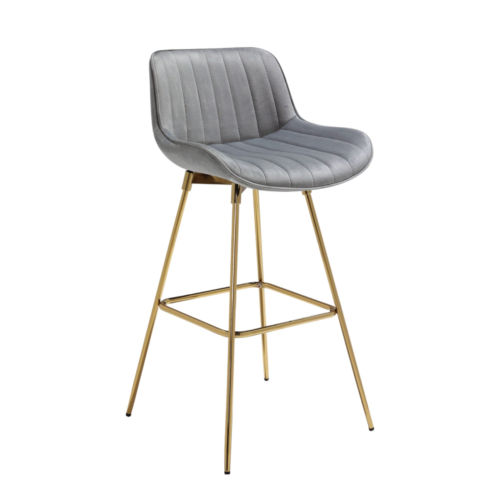 Set of Two 29" Gray And Gold Velvet And Metal Low Back Bar Height Swivel Bar Chairs