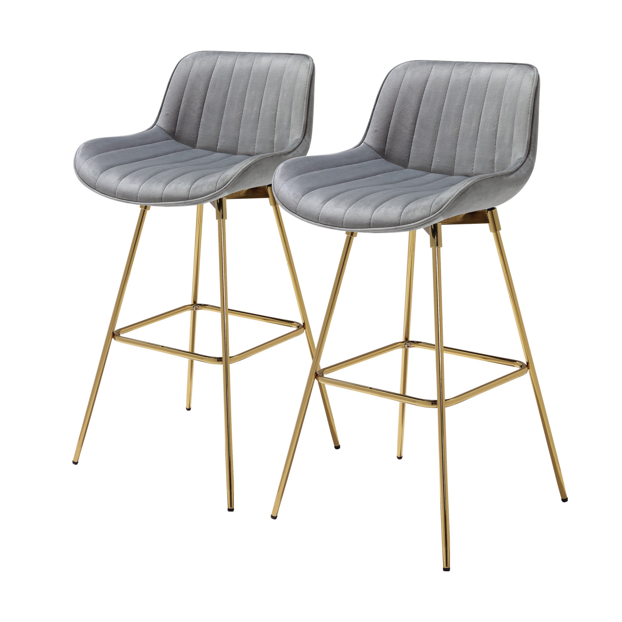 Set of Two 29" Gray And Gold Velvet And Metal Low Back Bar Height Swivel Bar Chairs