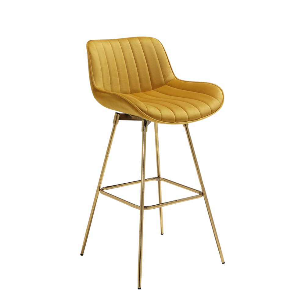 Set of Two 29" Yellow and Gold Velvet and Metal Low Back Bar Height Swivel Bar Chairs