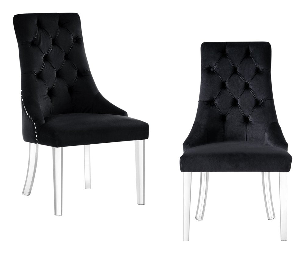 Set of Two Tufted Black and Clear Upholstered Velvet Dining Side Chairs