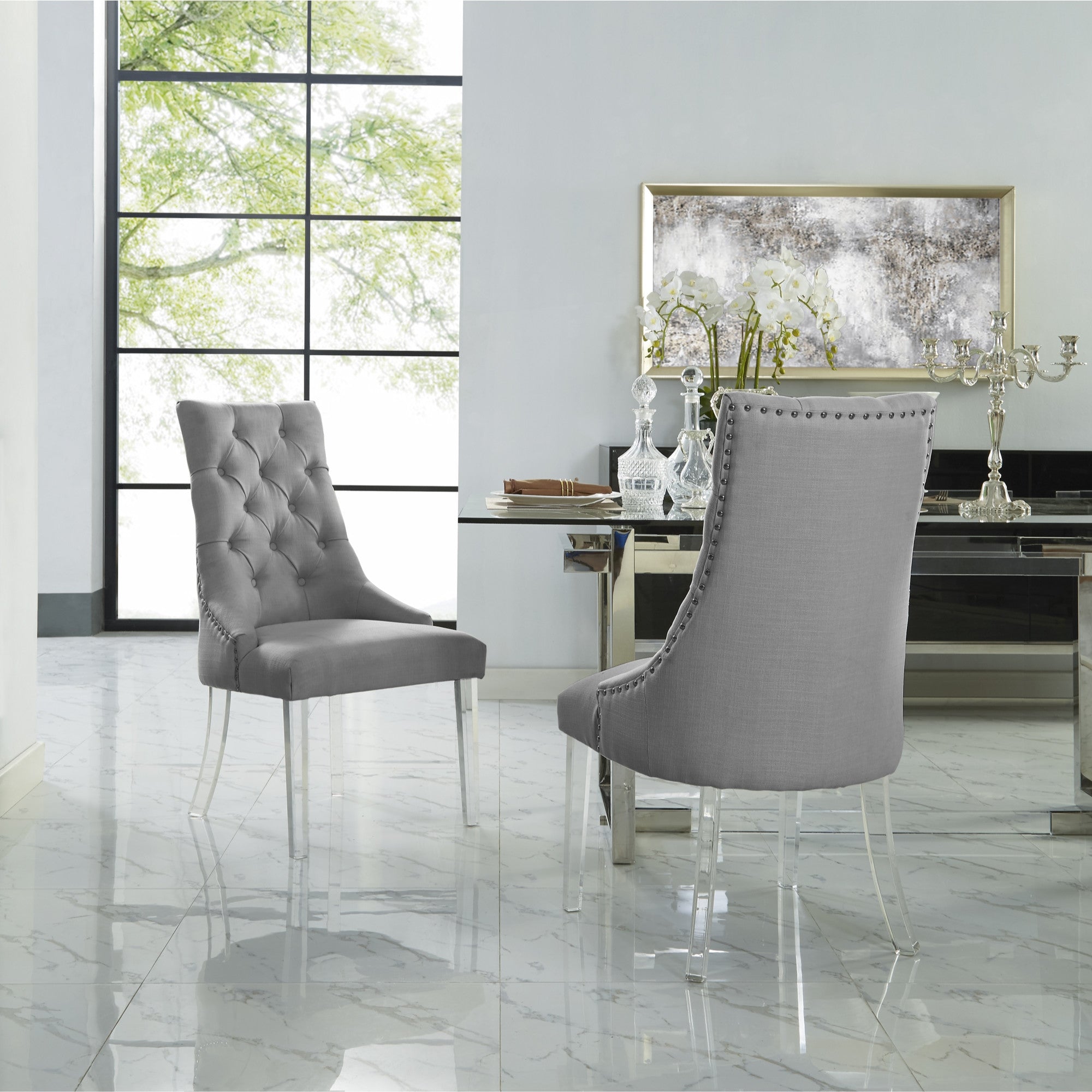Set of Two Tufted Light Gray and Clear Upholstered Linen Dining Side Chairs