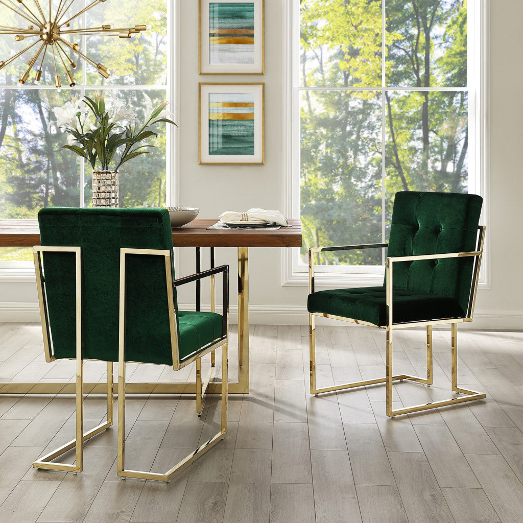Set of Two Tufted Hunter Green and Gold Upholstered Velvet Dining Arm Chairs