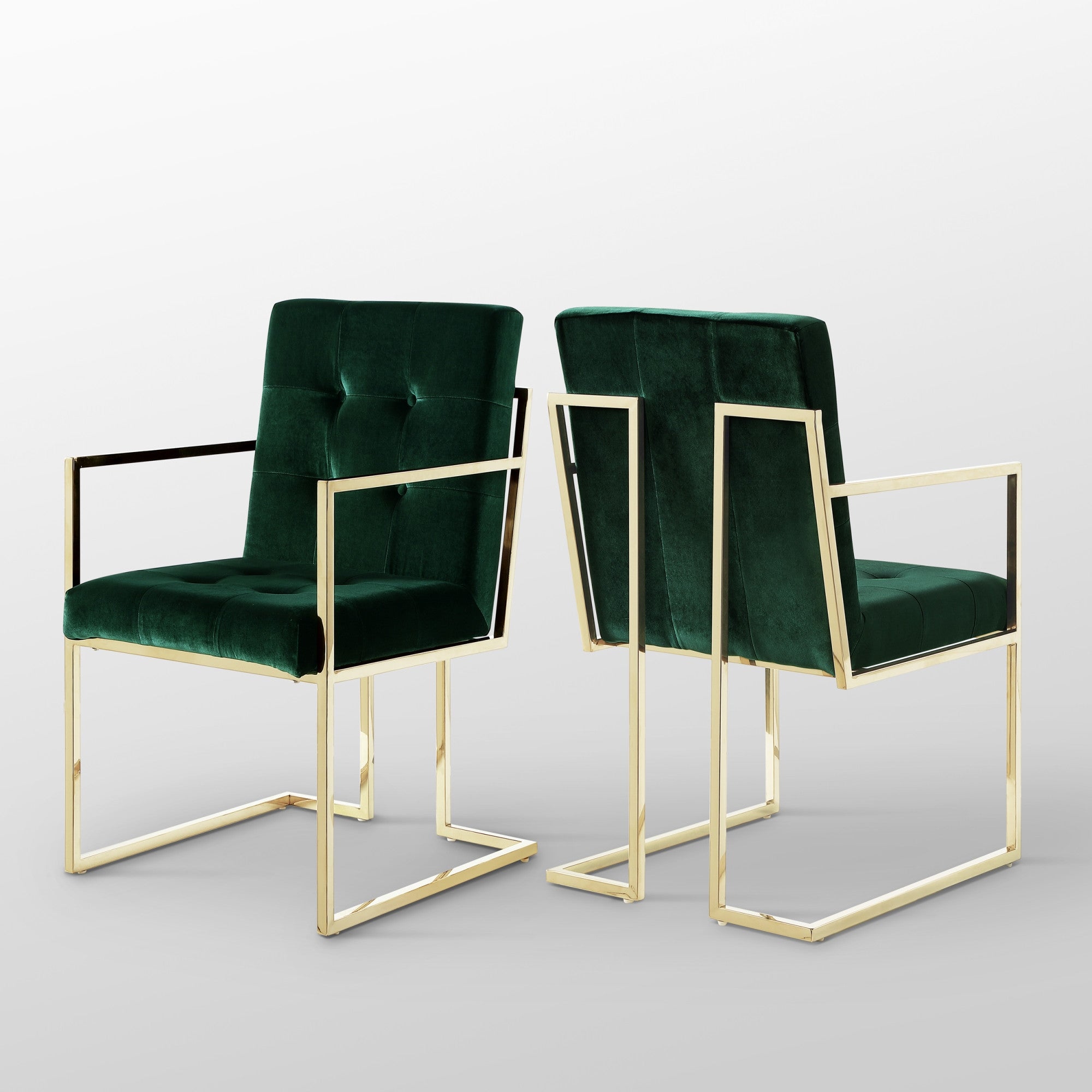 Set of Two Tufted Hunter Green and Gold Upholstered Velvet Dining Arm Chairs