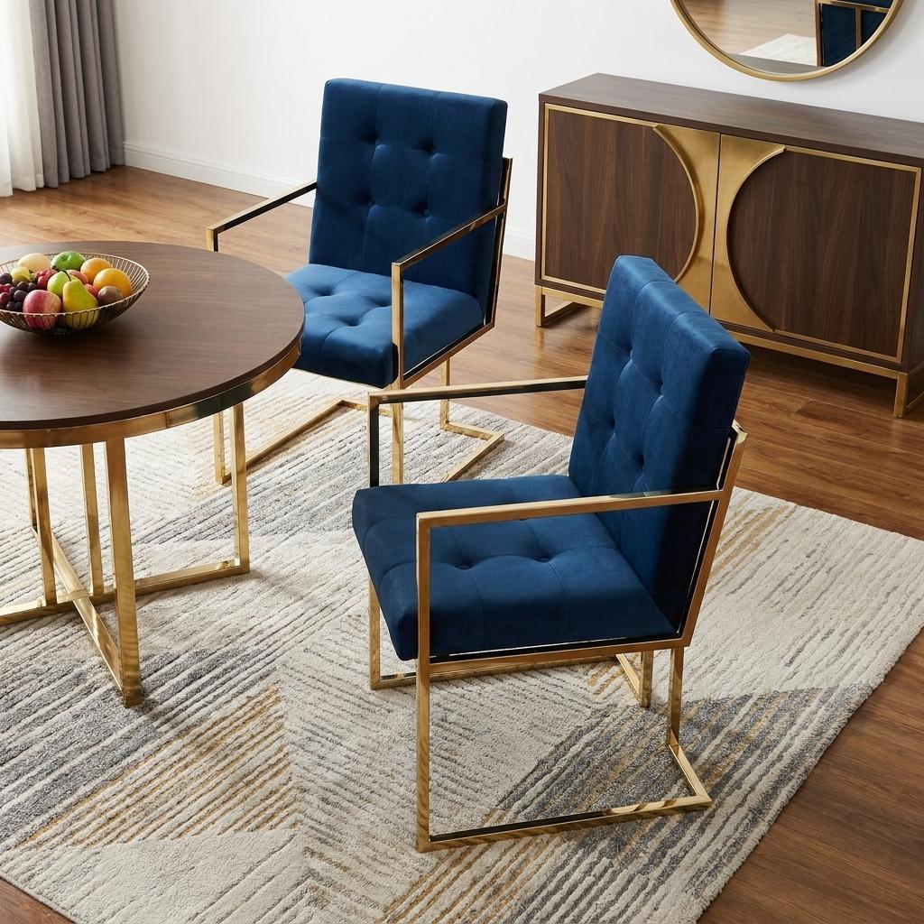 Set of Two Tufted Navy Blue and Gold Upholstered Velvet Dining Arm Chairs