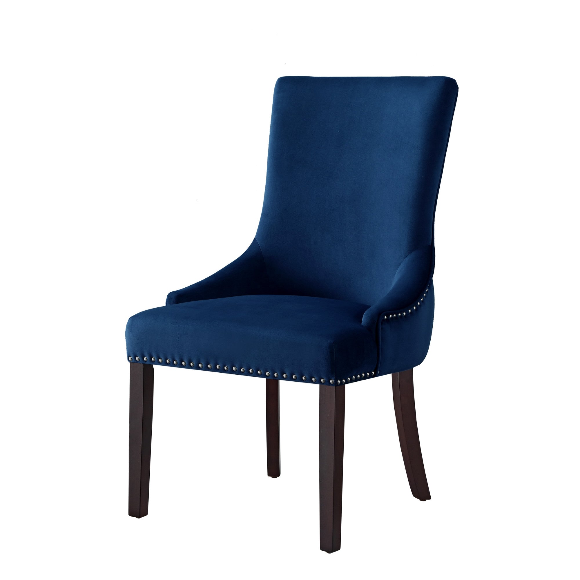 Set of Two Tufted Navy Blue and Espresso Upholstered Velvet Dining Side Chairs