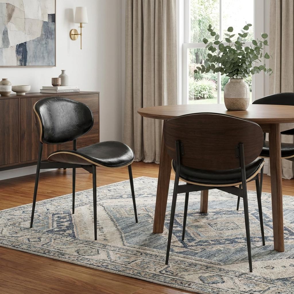 Set of Two Black Faux Leather and Wood Partially Open Back Dining Side Chairs