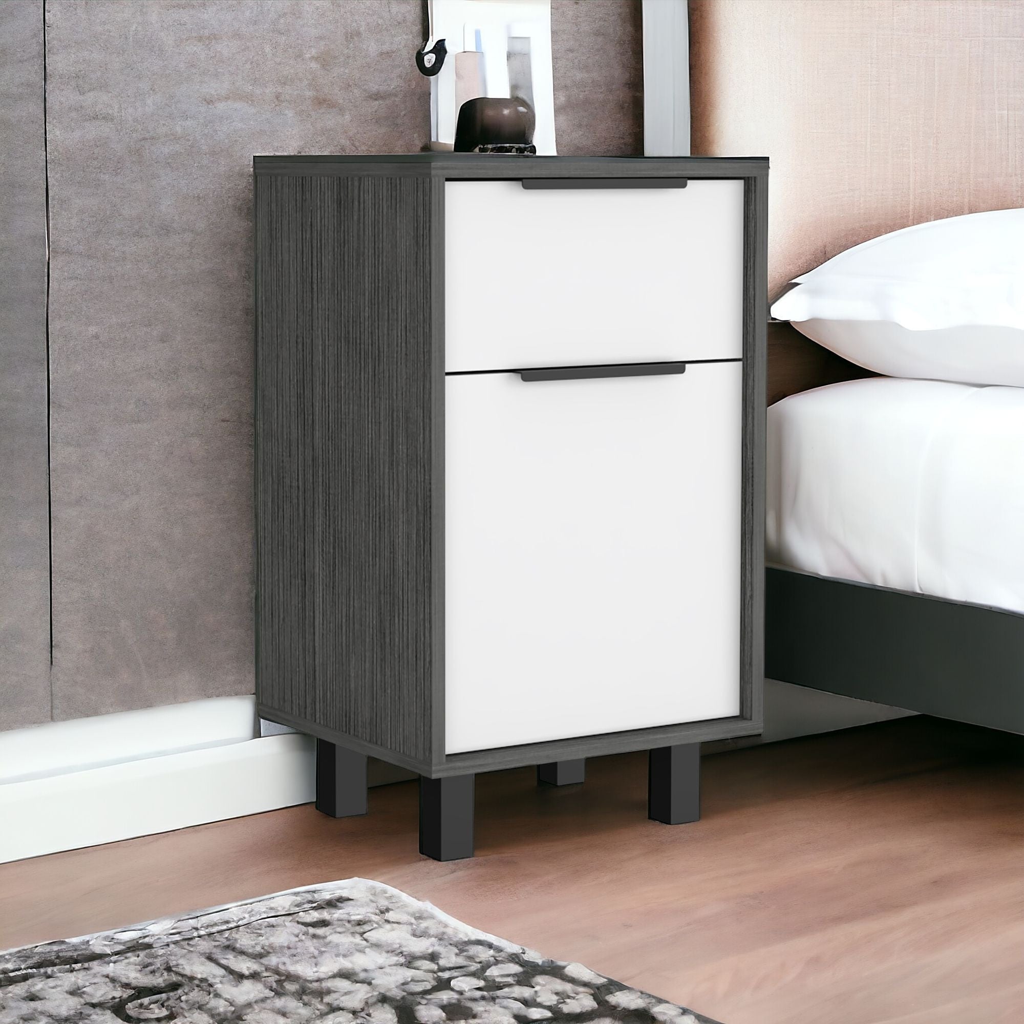 28" Gray One Drawer Faux Wood Nightstand With Storage