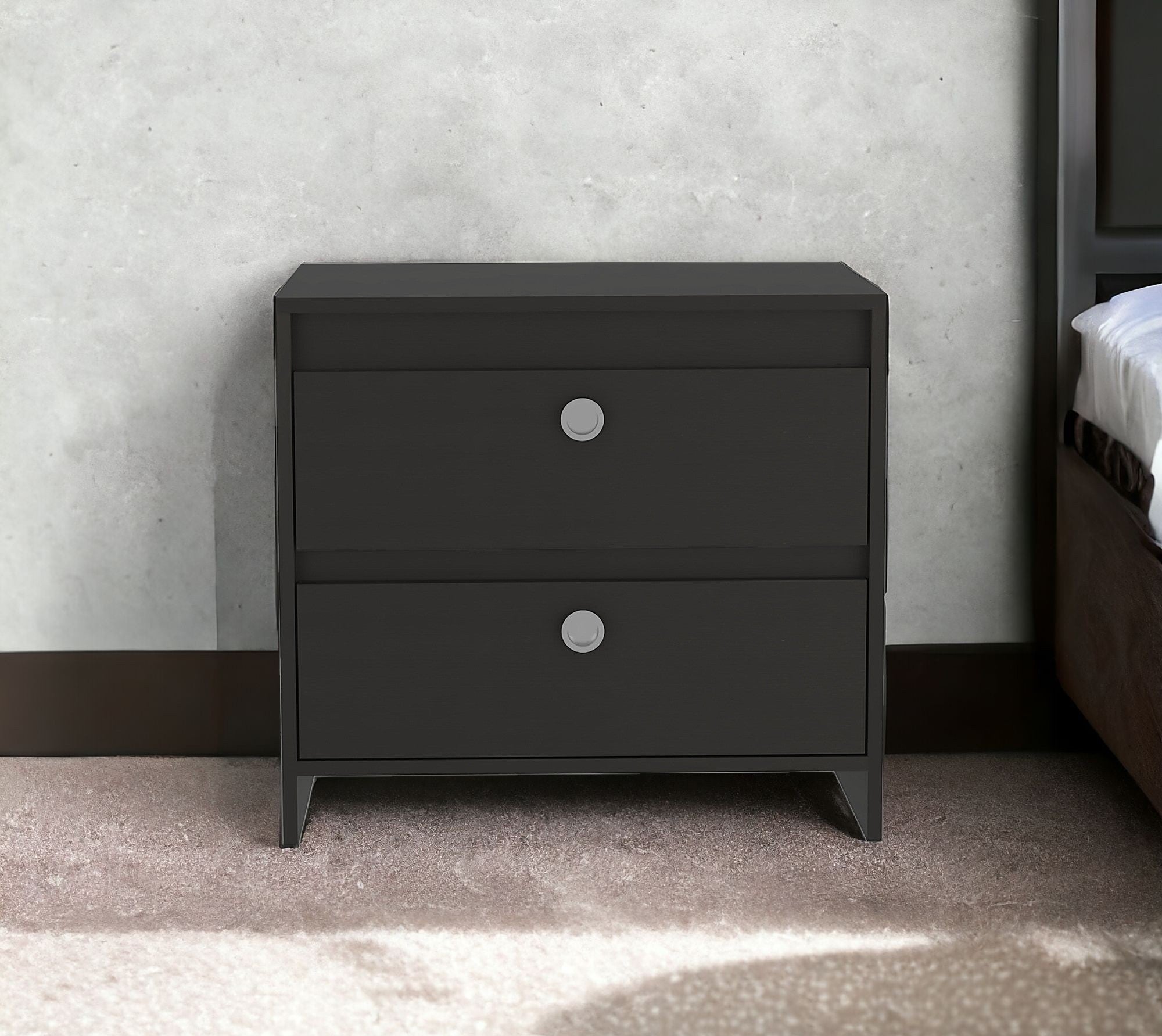22" Black Two Drawer Faux Wood Nightstand