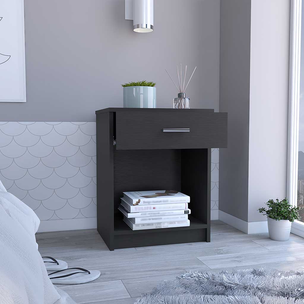 22" Black Wood One Drawer Nightstand