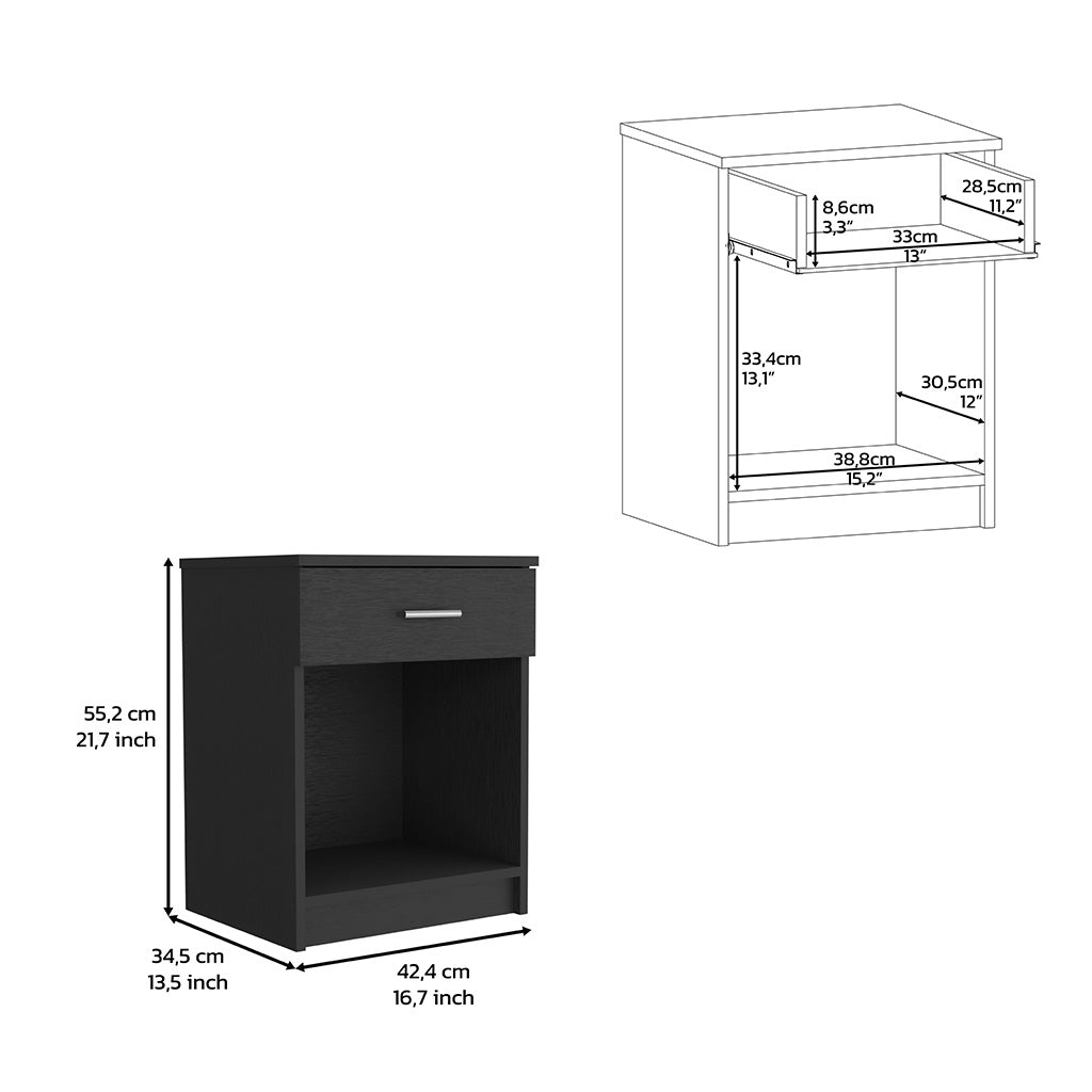 22" Black Wood One Drawer Nightstand