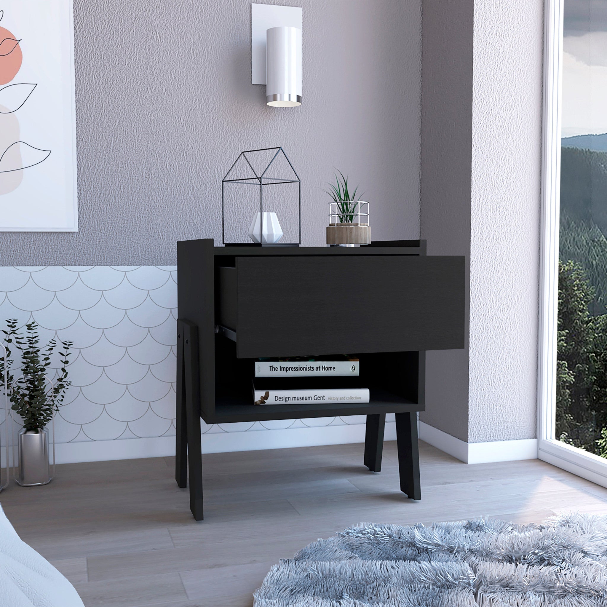 22" Black Wood One Drawer Nightstand