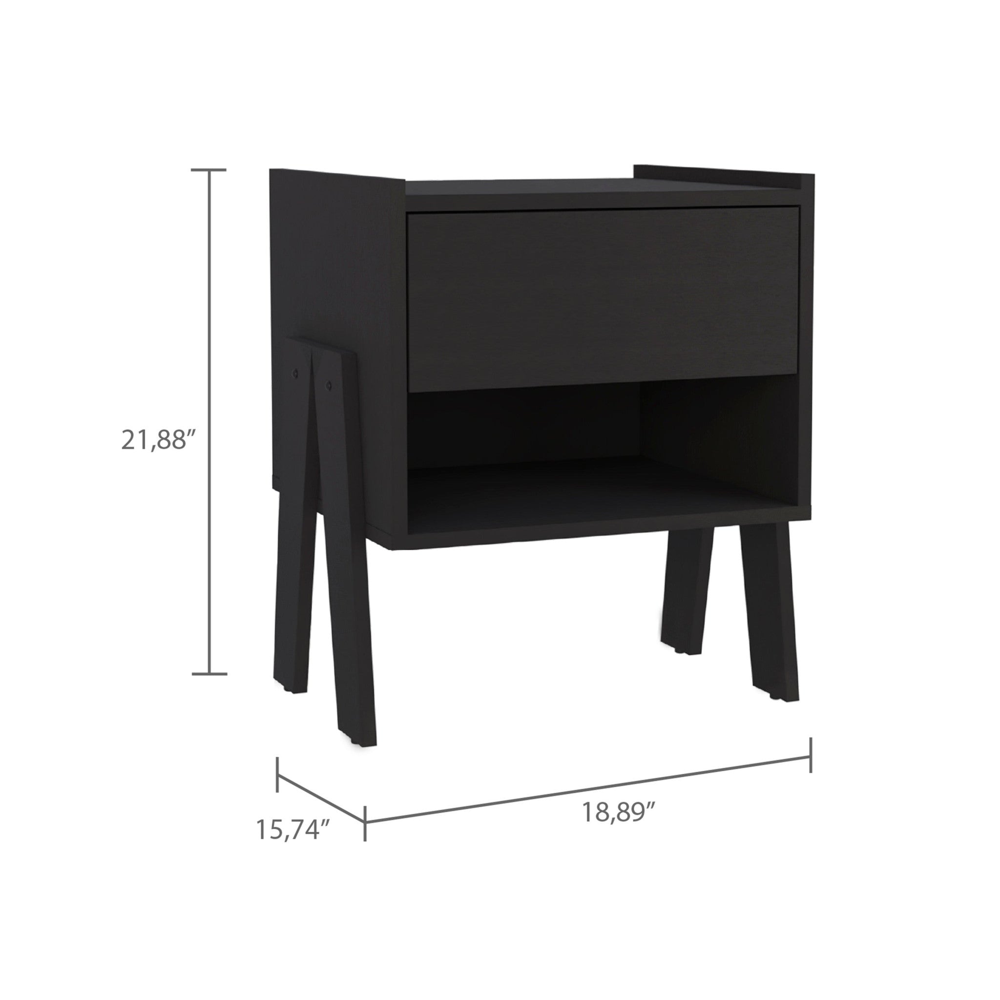 22" Black Wood One Drawer Nightstand