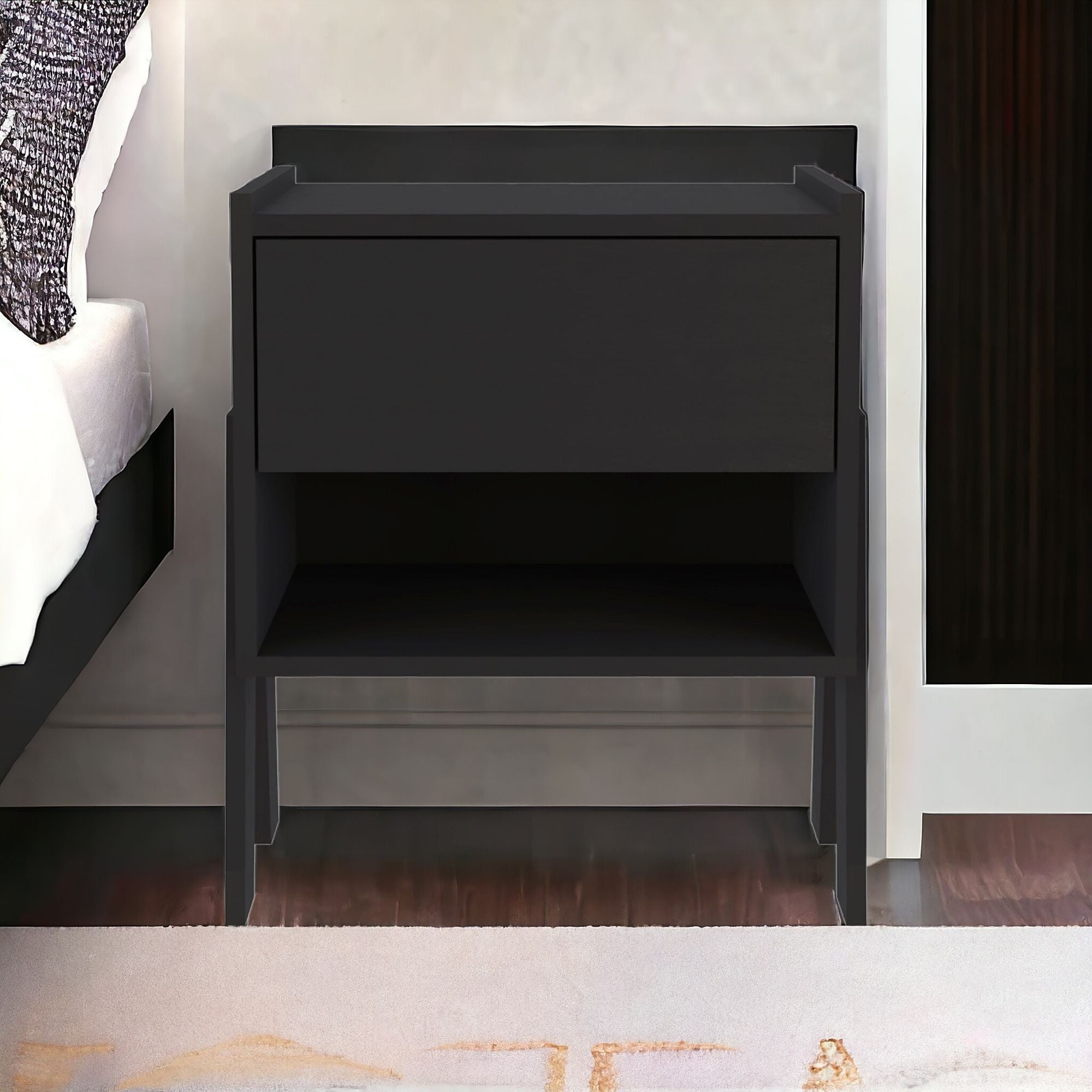 22" Black One Drawer Faux Wood Nightstand