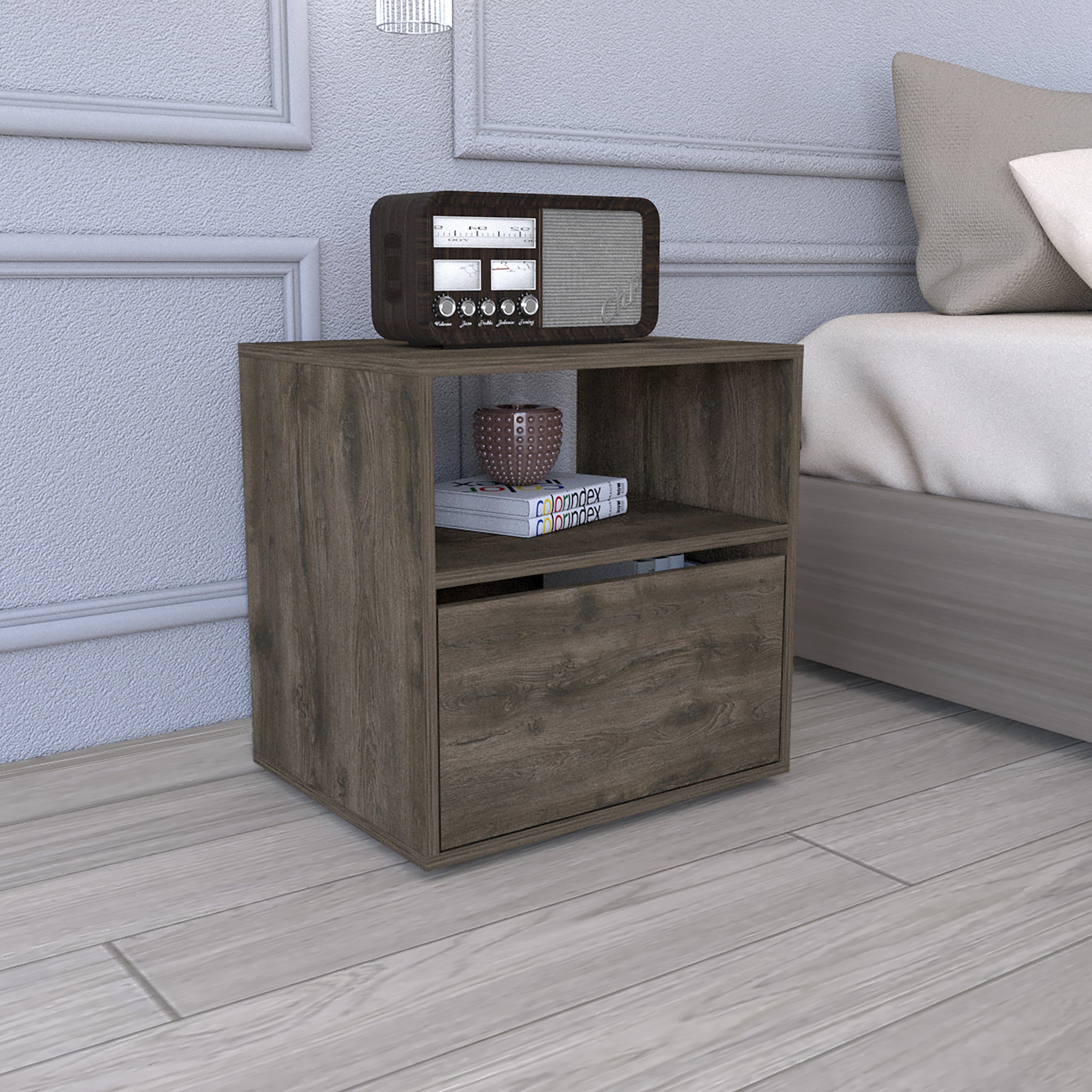 21" Brown Faux Wood Nightstand With Storage