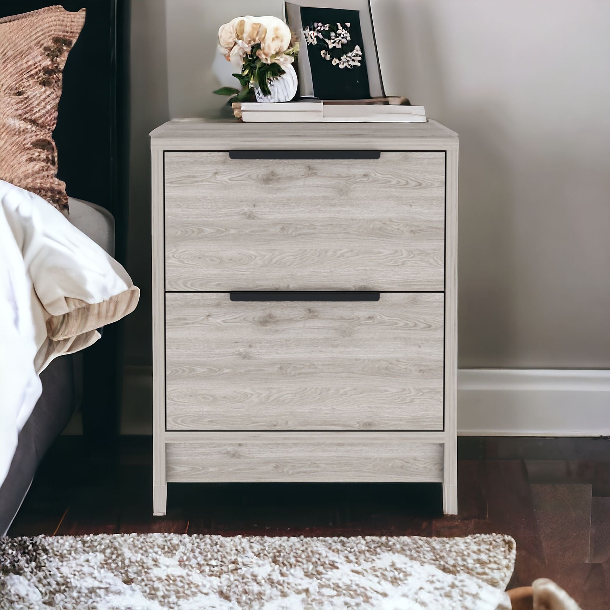 19" Gray Two Drawer Faux Wood Nightstand