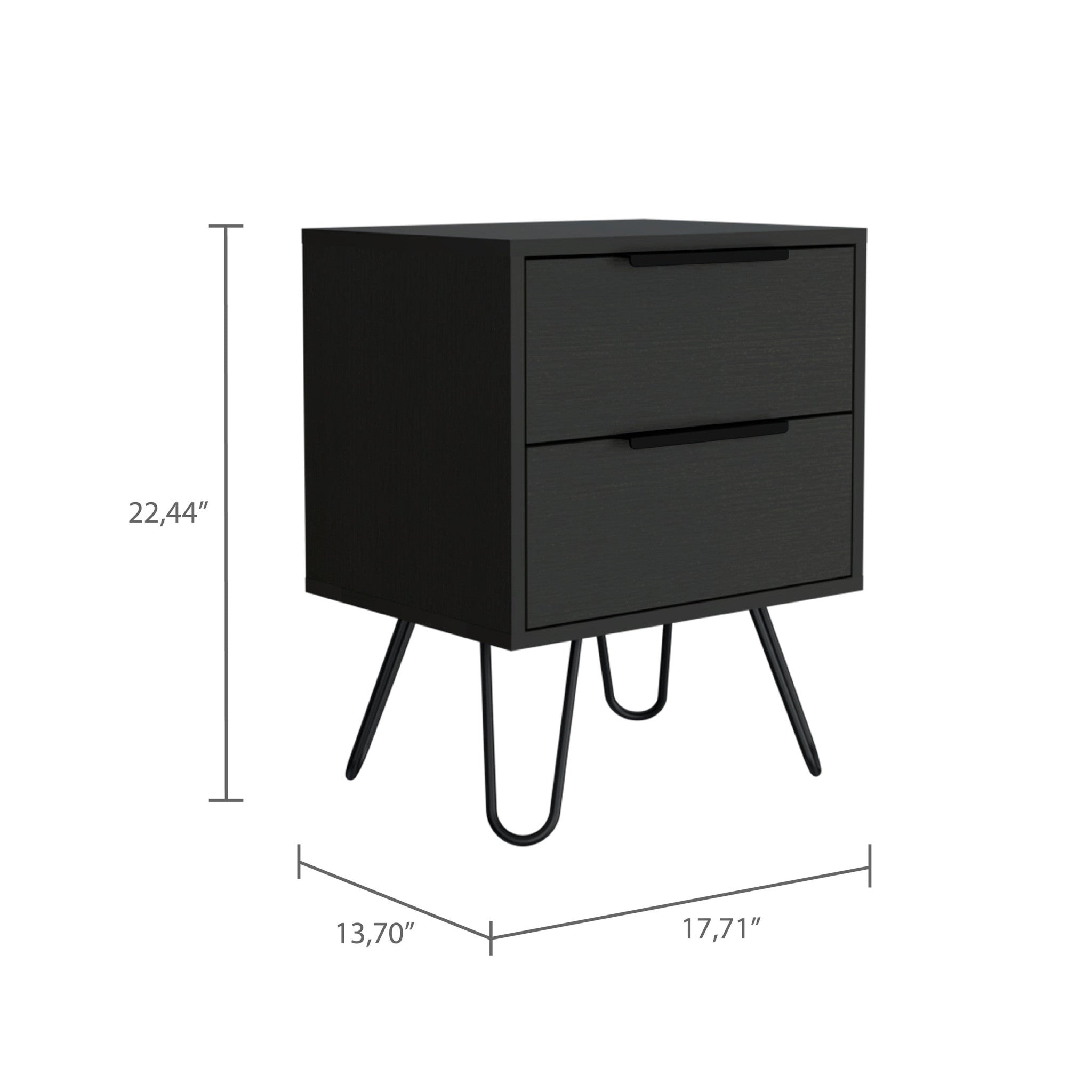 22" Black Wood Two Drawer Nightstand