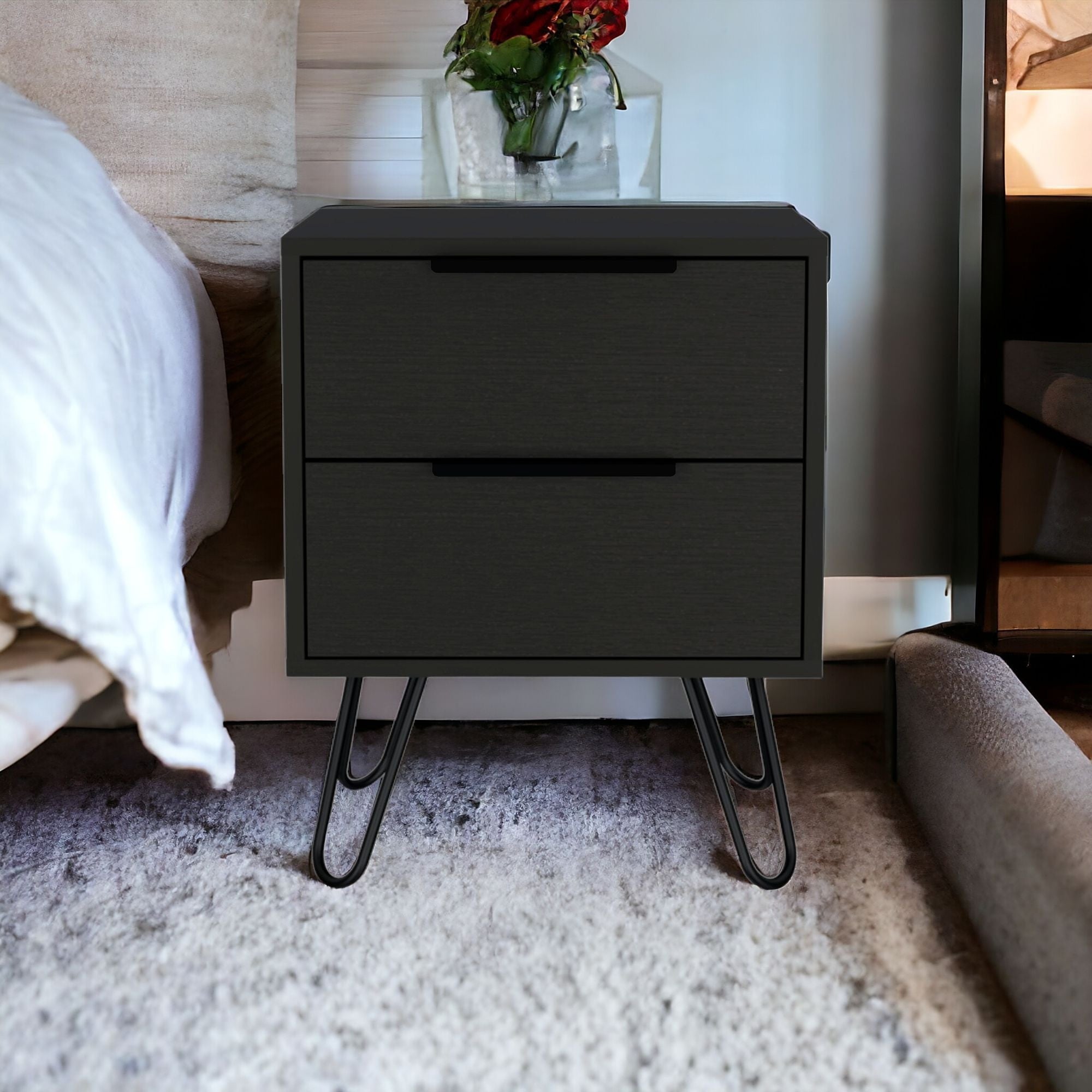 22" Black Two Drawer Faux Wood Nightstand