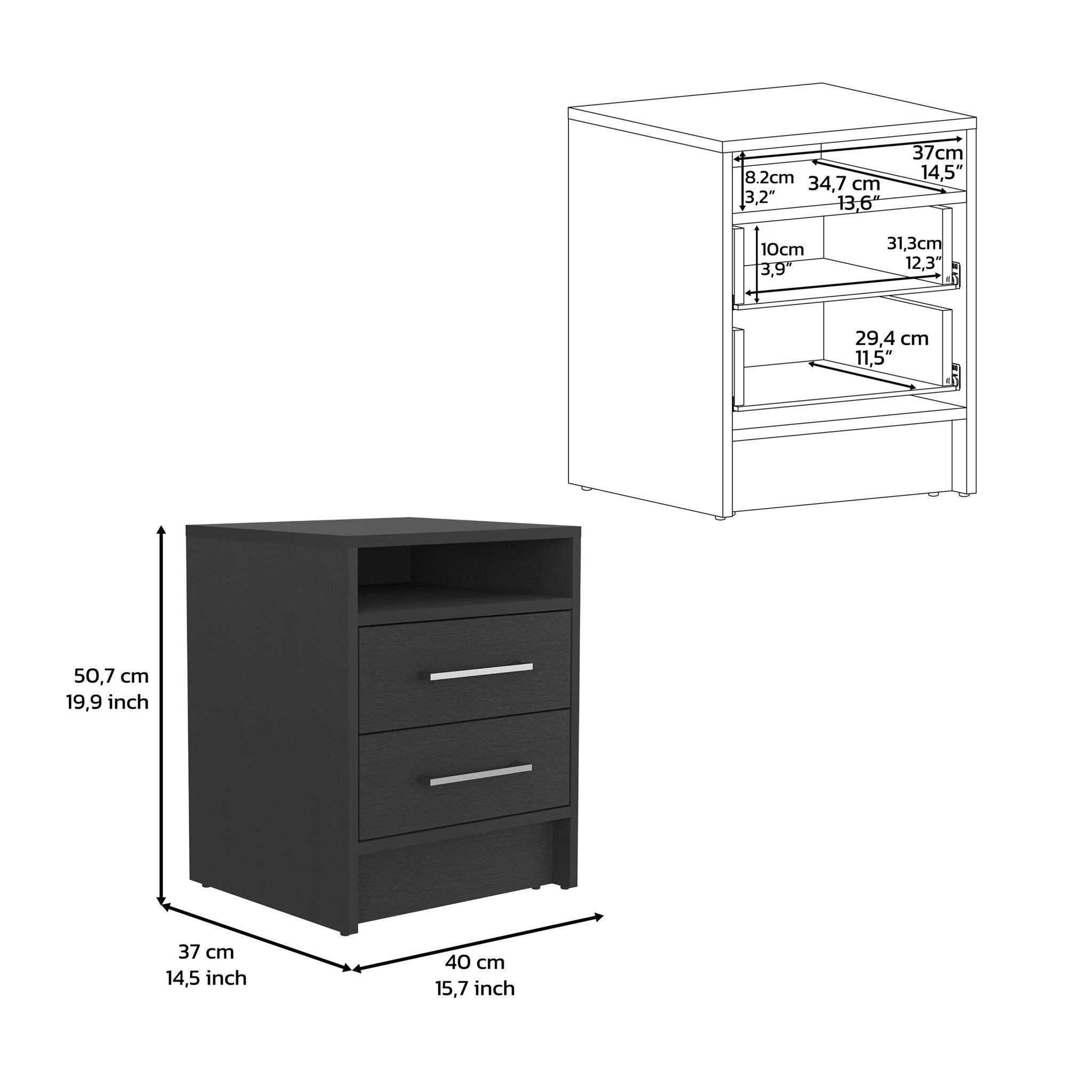 20" Black Two Drawer Faux Wood Nightstand