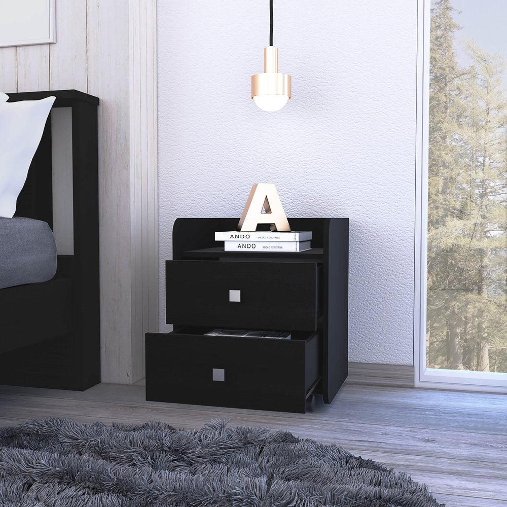 22" Black Wood Two Drawer Nightstand