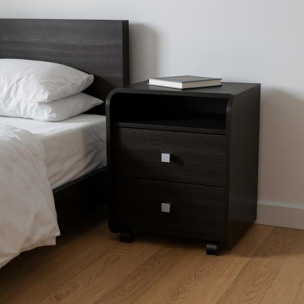 22" Black Wood Two Drawer Nightstand