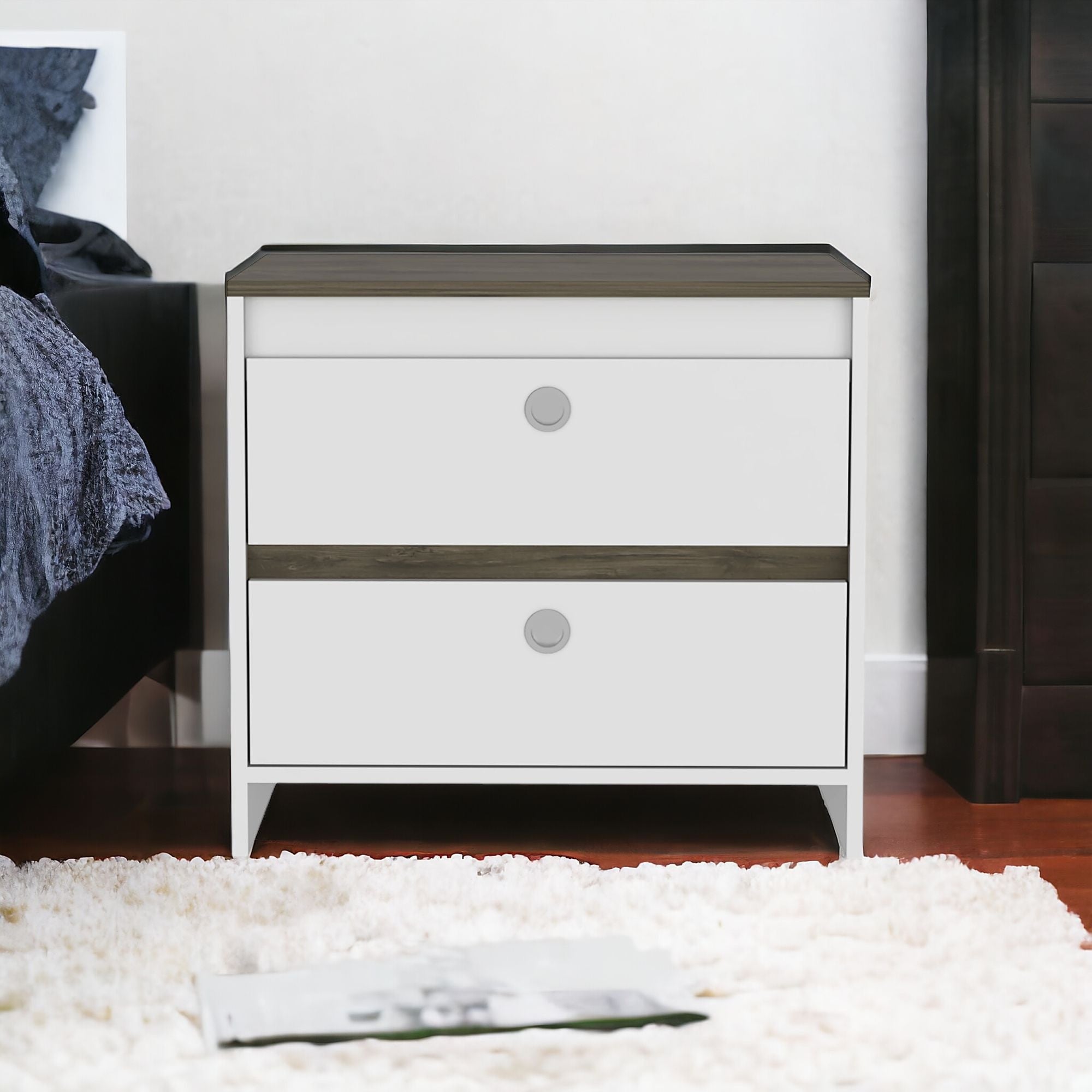 22" White Two Drawer Faux Wood Nightstand