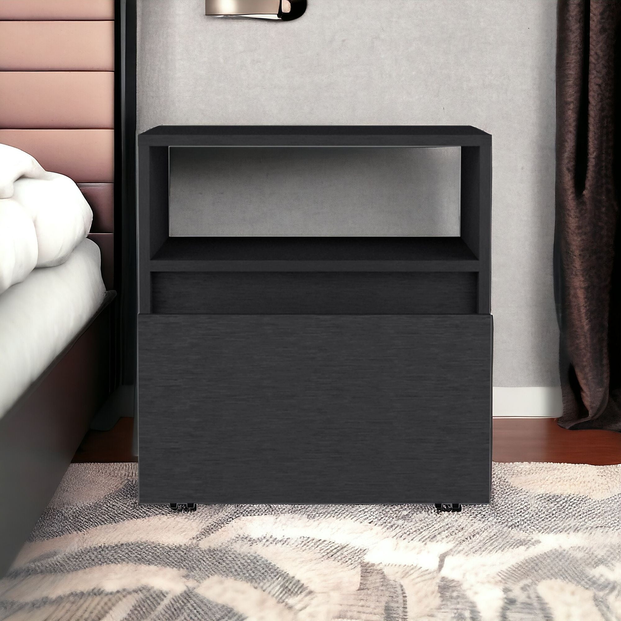 21" Black One Drawer Faux Wood Nightstand