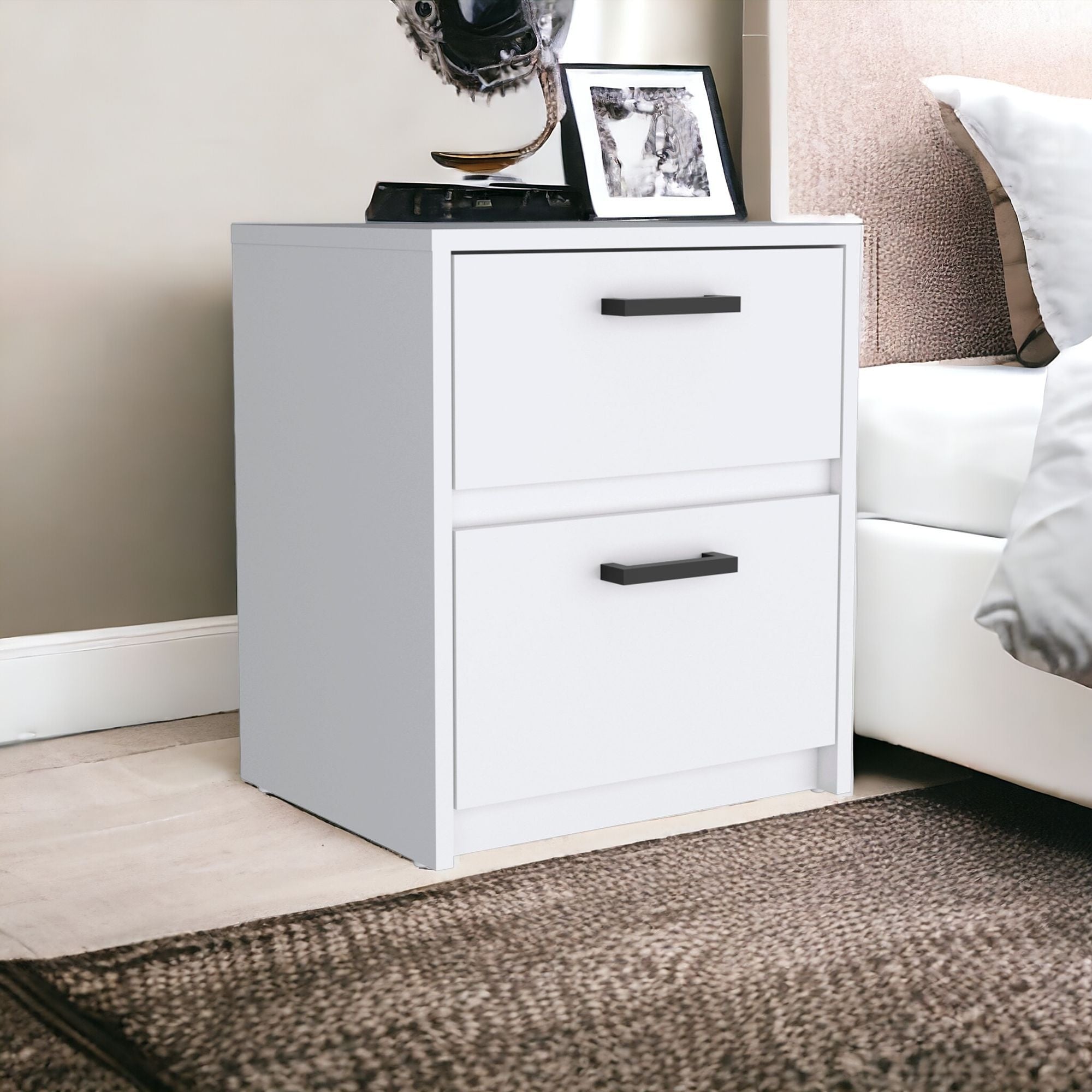 19" White Two Drawer Faux Wood Nightstand