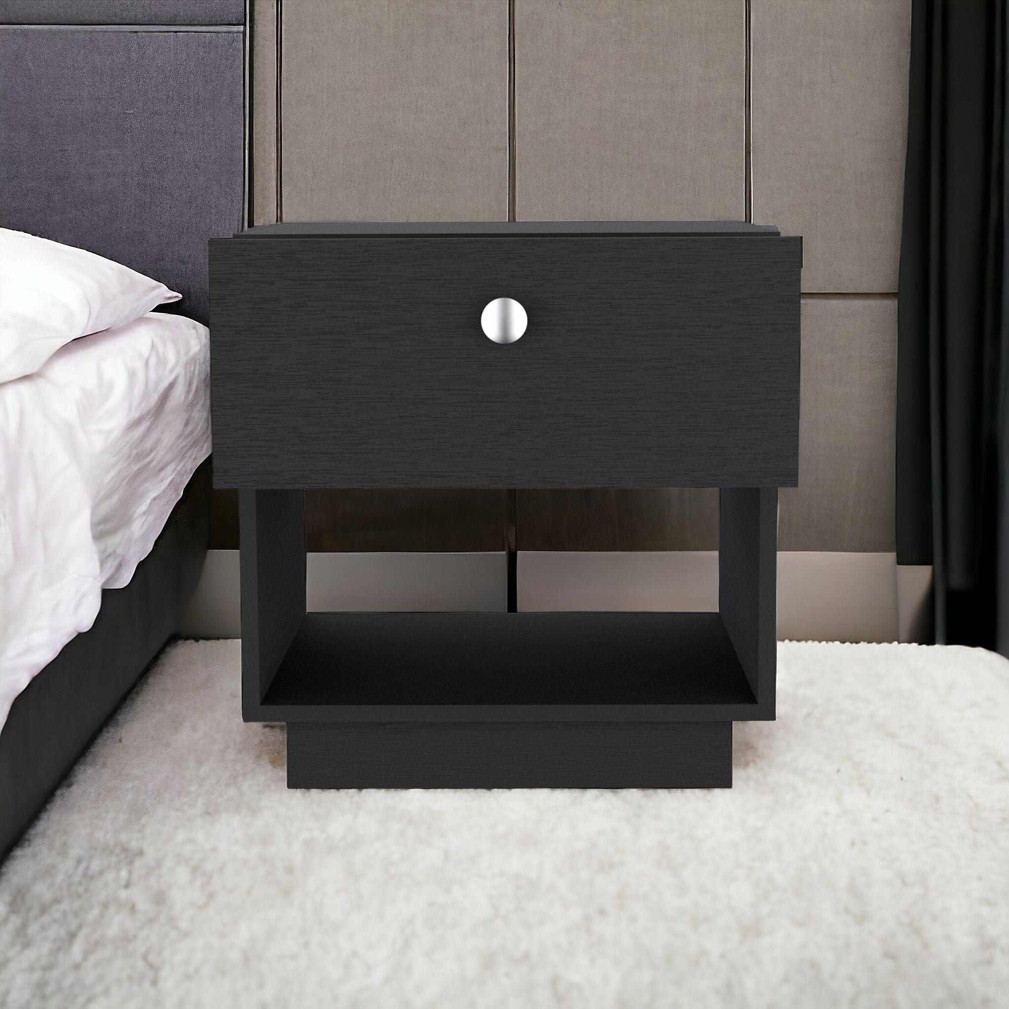 20" Black One Drawer Faux Wood Nightstand