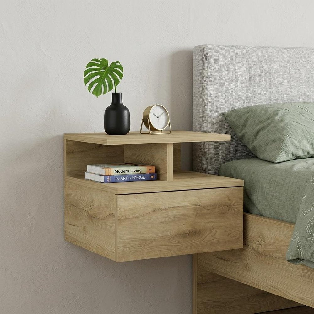 12" Beige Wood One Drawer Floating Nightstand