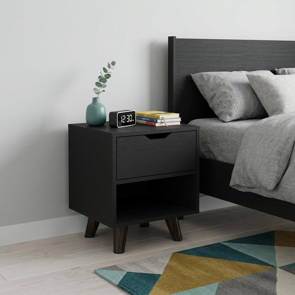 19" Black Wood One Drawer Nightstand