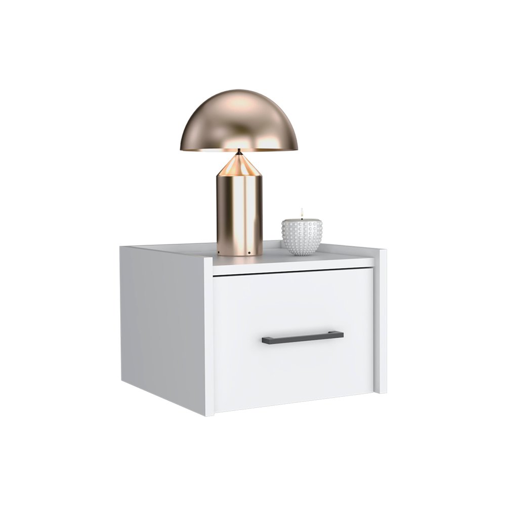 10" White Wood One Drawer Floating Nightstand
