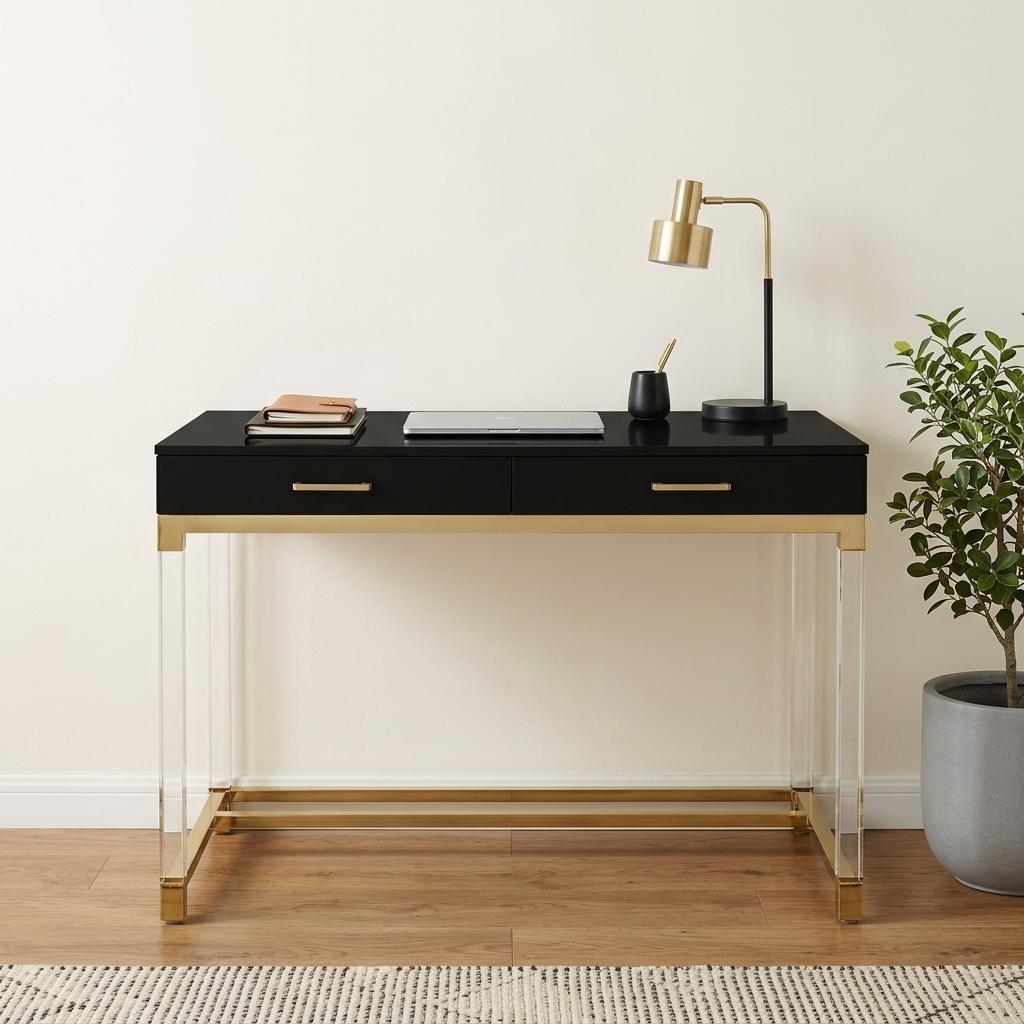 48" Black Clear and Gold Wood Acrylic and Stainless Steel Writing Desk With Two Drawers