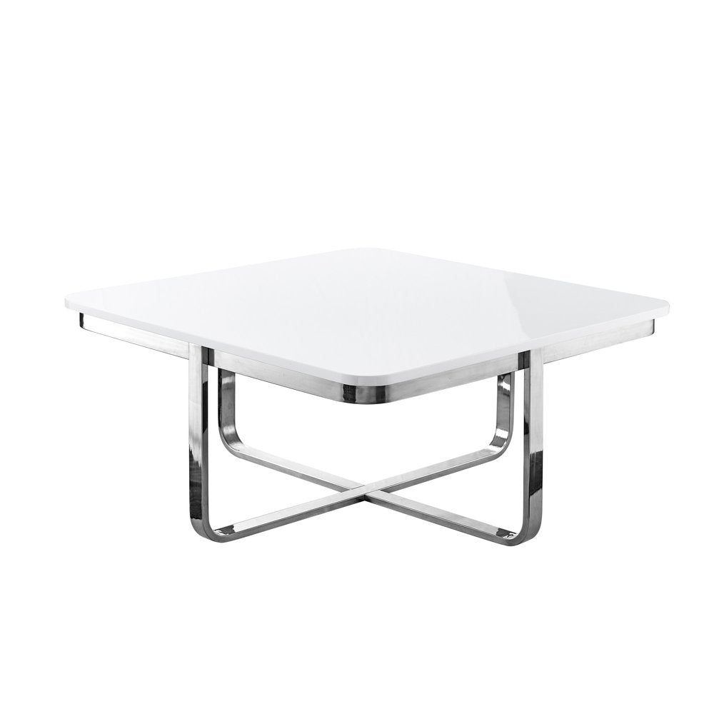 35" Light Gray And Silver Metallic Wood And Stainless Steel Square Coffee Table