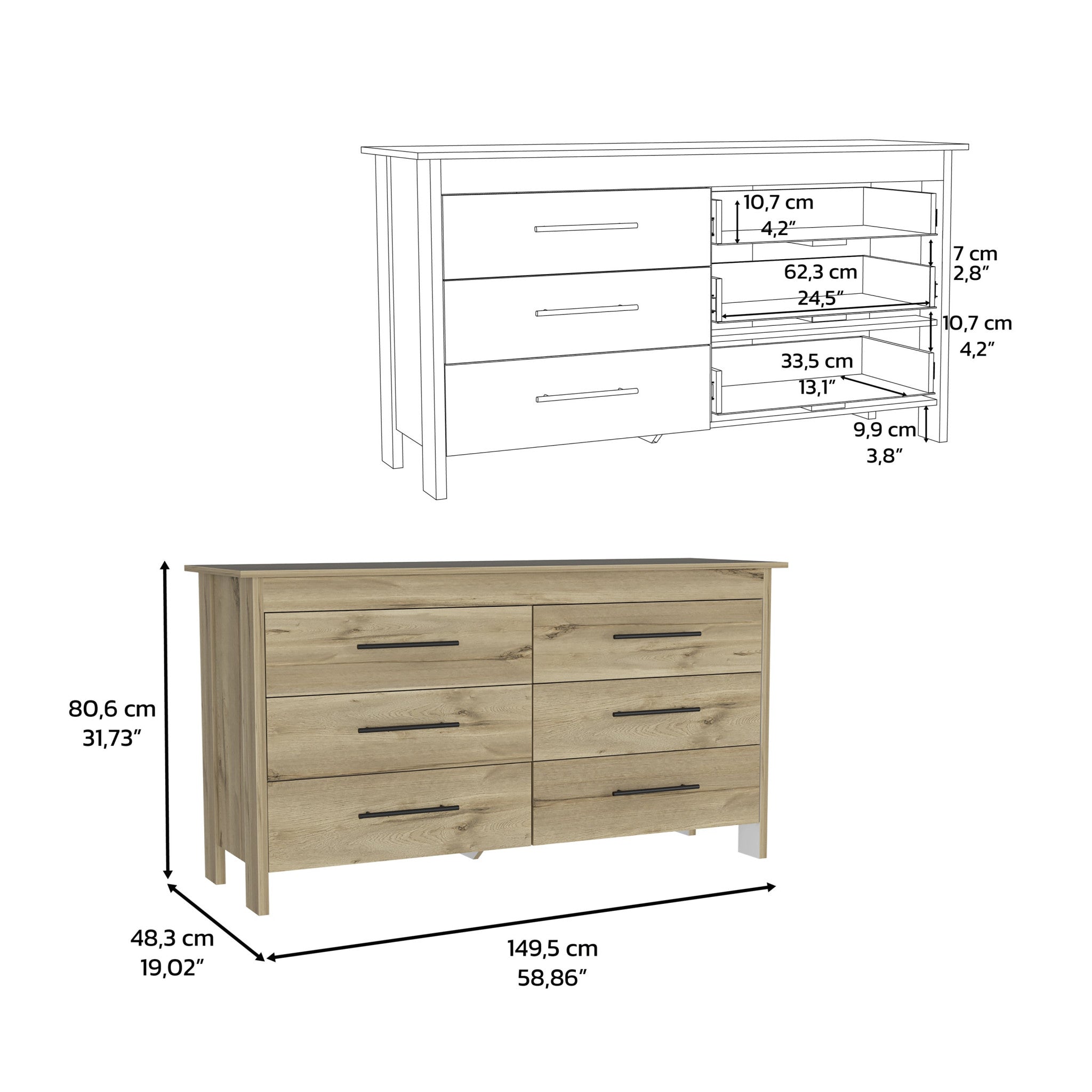 59" Natural Six Drawer Double Dresser