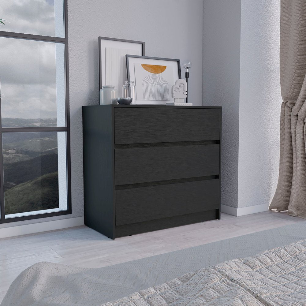 34" Black Wood Three Drawer Dresser